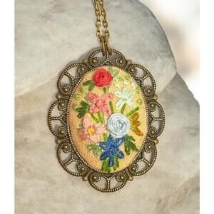 Bright Handmade Flower Bouquet Embroidery Necklace